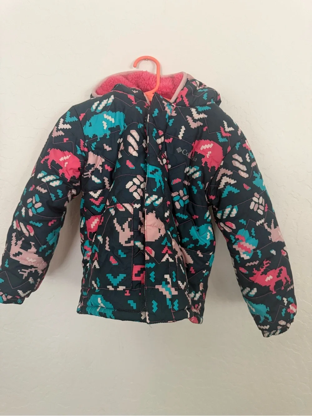 Columbia Kids Navy Puffer Jacket with Pink & Teal Pixel Print